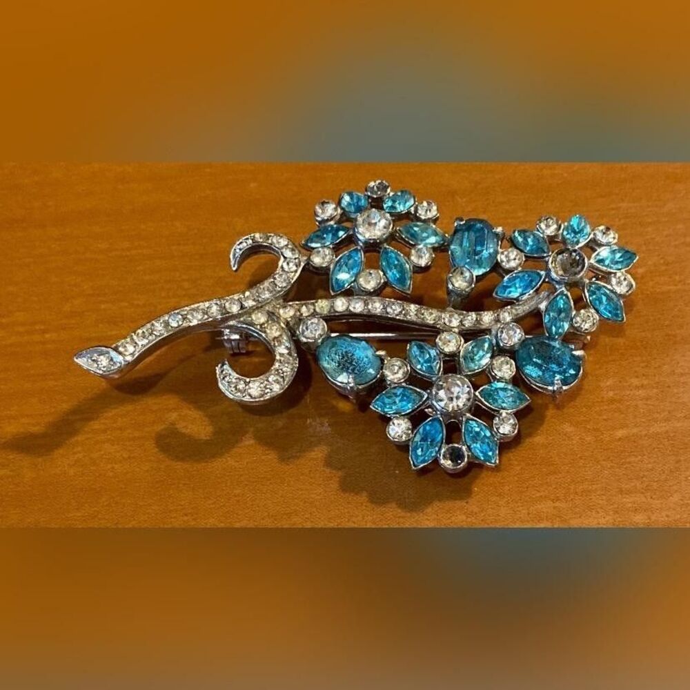 Vintage Joseph Wiesner Turquoise Rhinestone Flower Brooch Pin Costume READ